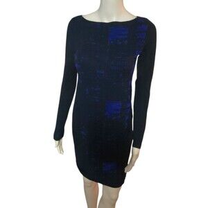Elie Tahari Long Sleeve Geometric Blue & Black Sweater Dress Women Size S